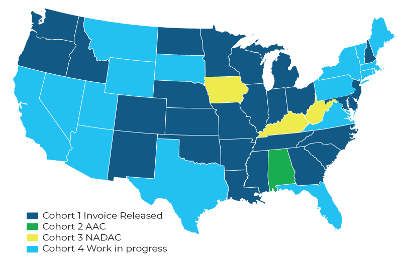 PBM Appeals Law by State - Map showing cohort status by state including Invoice Released, AAC, NADAC, and Work in Progress
